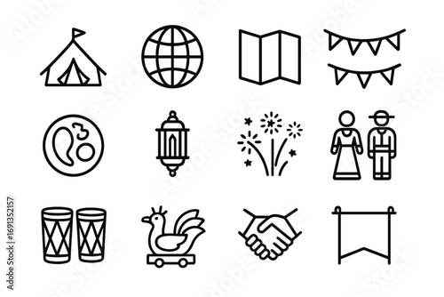 Festive Icon Collection. Outline icon set of multicultural festivals: tent, globe, map, garland, food plate,
