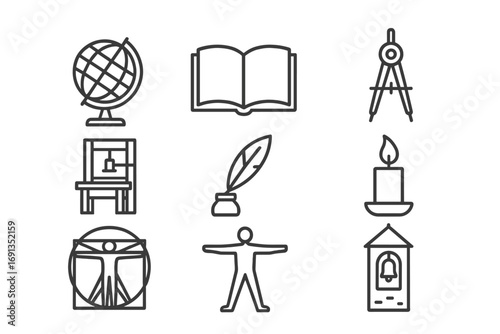 Renaissance Learning Icons. Outline icon set of Renaissance learning: globe, open book, compass, printing