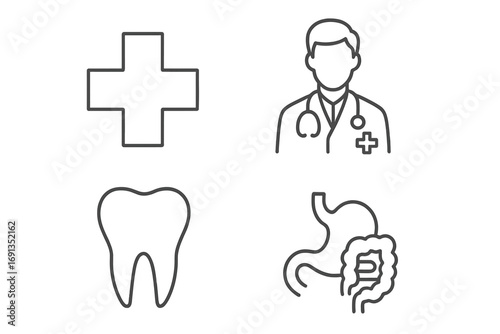 Minimalist medical line icons set including medical cross, doctor with stethoscope, tooth, internal organs, clinic symbols, editable stroke, linear pictograms for healthcare design