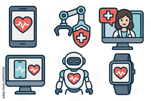Medical technology icon set illustrating digital healthcare advancements. Telemedicine, robotics, AI, remote patient monitoring with health app, smartwatch, online doctor.