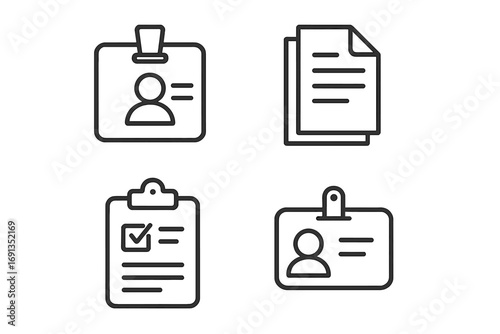 Minimalistic Line Icons Set of Employee Badge, Documents, Clipboard, and ID Card for Business Cards, Apps, Banners, Posts, Editable Stroke Vector Pictograms