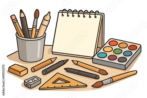 Vector set of art supplies on a desk. Drawing tools, sketchbook, watercolor paints, pencils, and brushes. Back to school, creative hobby, or artist workspace concept.