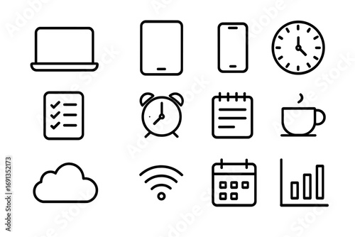 Remote Productivity Icons. Outline icon set of remote productivity tools: laptop, tablet, phone, clock, to-do