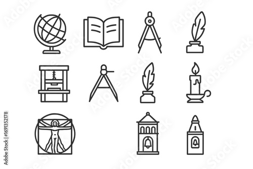 Renaissance Learning Icons. Outline icon set of Renaissance learning: globe, open book, compass, printing