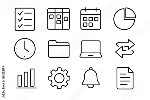 Task Management Icons. Outline icon set of task and workflow management: checklist, task board, calendar, pie