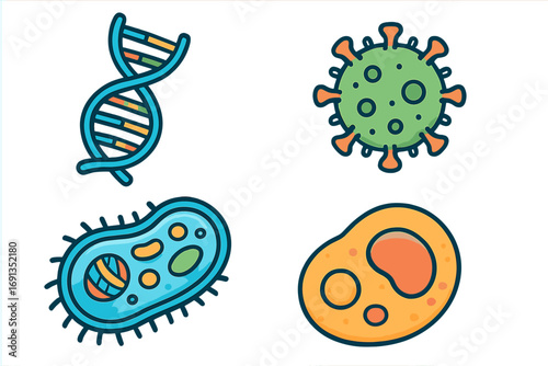 Microbiology vector icon set. Biology science concept. DNA, virus, bacteria, cell illustration. Genetics, virology, medicine research symbols. Cartoon flat design elements.