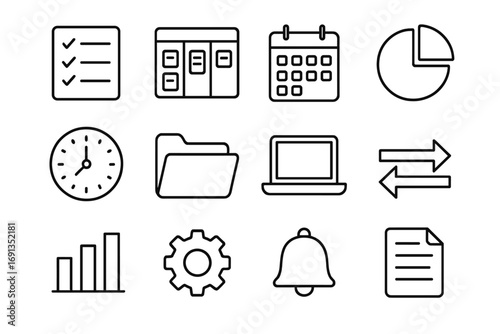 Task Management Icons. Outline icon set of task and workflow management: checklist, task board, calendar, pie