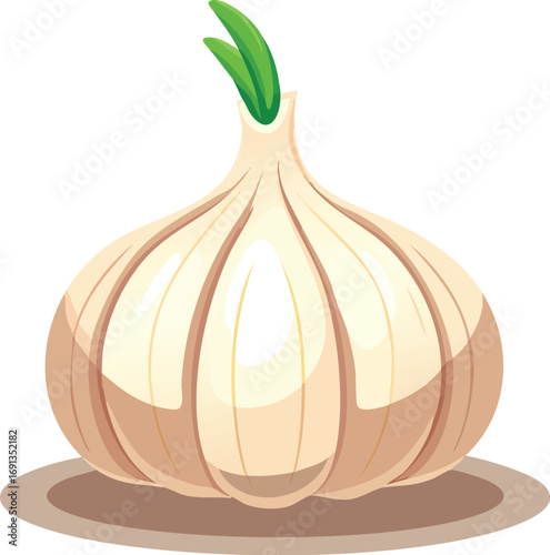 A detailed vector illustration of a realistic garlic bulb with a green sprout. A concept for fresh cooking ingredients, spices, and healthy food. Generative AI