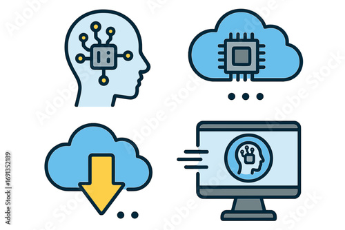 Artificial intelligence and cloud computing technology icons. Vector icon set for machine learning, data processing, download, and digital brain concepts. Simple flat design.