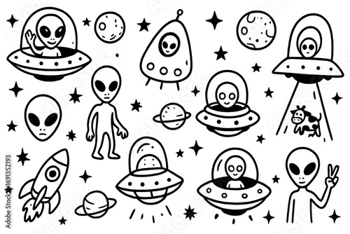 Cute alien and UFO doodle vector set. Funny sci-fi cartoon characters, spaceships, planets, stars, and rocket. Space icon collection for kids. Extraterrestrial with cow abduction.
