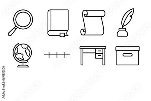 Historians' Tool Icons. Outline icon set of historians’ tools: magnifying glass, old book, parchment roll, ink
