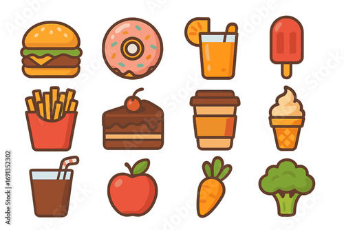 Big set of food icons. Fast food, sweets, fruits, vegetables and drinks. Vector cartoon illustration. Burger, donut, cake, ice cream, coffee, juice. Cute flat design elements.