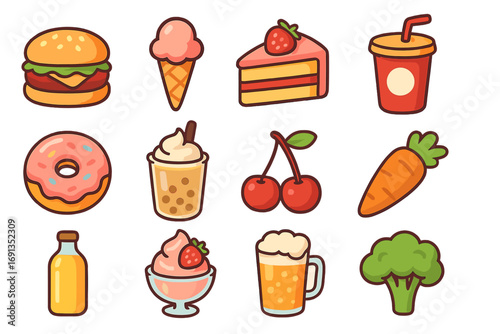 Food icons set. Colorful cartoon collection of fast food, desserts, drinks, fruits, vegetables. Burger, cake, donut, ice cream, soda, beer. Vector graphic design elements.