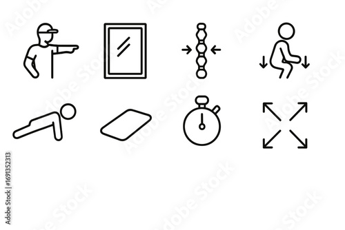 Fitness Form Icons. Outline icon set of fitness form correction: trainer pointing, mirror, aligned spine, bent