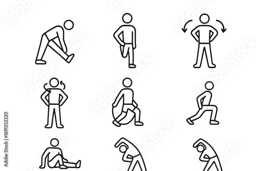 Warm-Up Exercise Icons. Outline icon set of warm-up and stretching: hamstring stretch, quad stretch, arm