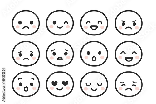 Set of cute line emojis with various emotional expressions, cartoon faces with blush cheeks, vector illustration, transparent background, happy, sad, surprised, angry, love, mood icons