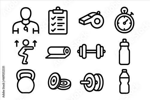 Personal Training Icons. Outline icon set of personal training: coach figure, clipboard, whistle, stopwatch,