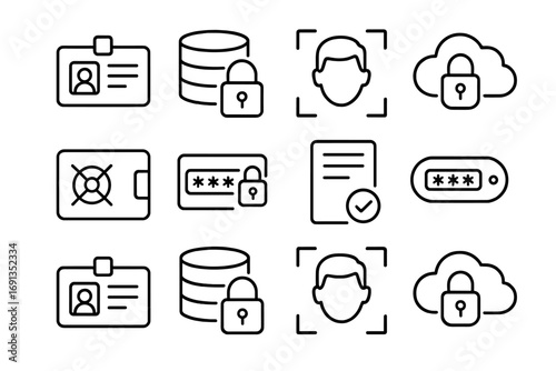 Personal Data Protection Icons. Outline icon set of personal data protection: ID card, encrypted database,