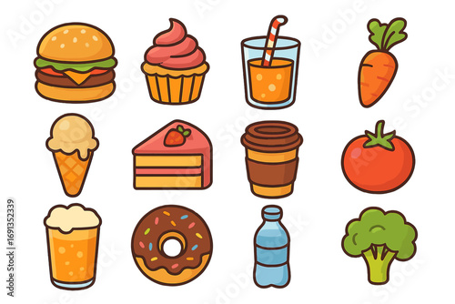 Colorful food and drink icon set. Flat design cartoon vector illustration collection. Fast food, desserts, beverages, and healthy vegetables icons for graphic design elements.