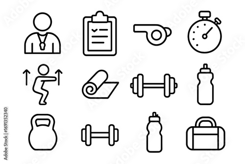 Personal Training Icons. Outline icon set of personal training: coach figure, clipboard, whistle, stopwatch,
