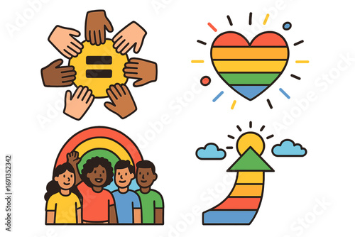 Vector icon set for diversity, equality, and inclusion. Symbols of community, racial equity, LGBTQ pride, progress, and social justice. Metaphor for unity and teamwork.