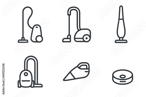 Set of six vacuum cleaner line icons in minimalist linear style, vector illustration of various vacuum models including upright, canister, handheld, and robotic vacuum, transparent background