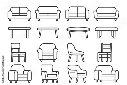 Simple linear icons set of couch sofa table chair furniture minimalistic editable stroke design elements for cards apps banners posts vector cartoon illustration