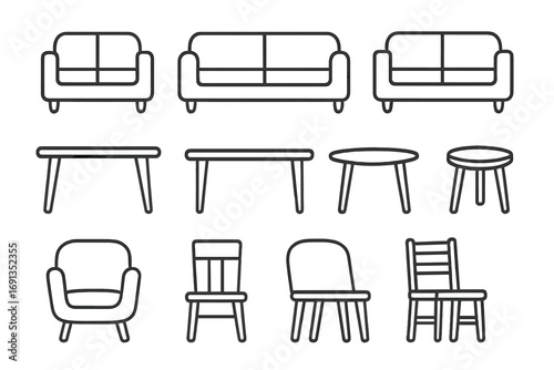 Minimalistic Linear Icon Set of Couch, Sofa, Tables, Chairs with Editable Stroke for Modern Card, App, Banner, and Post Design in Vector Cartoon Illustration