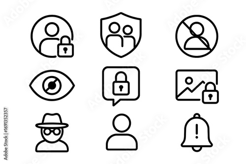 Social Media Icons. Outline icon set of social media privacy: profile lock, friend request shield, blocked