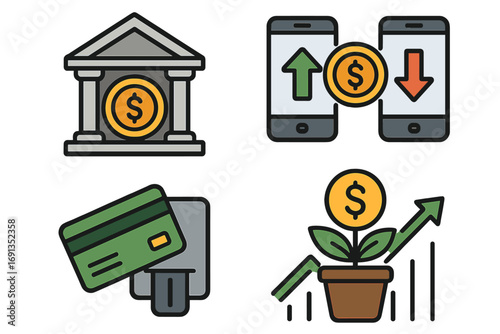 Finance concept vector icon set. Banking, money transfer, online payment. Credit card transaction. Investment growth, savings, profit. Business economy. Fintech symbol.