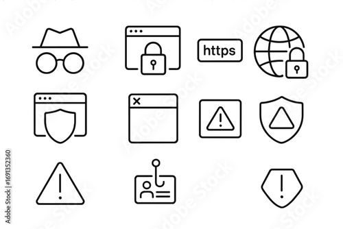 Internet Browsing Icons. Outline icon set of safe internet browsing: incognito glasses, secure connection,