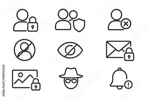 Social Media Icons. Outline icon set of social media privacy: profile lock, friend request shield, blocked