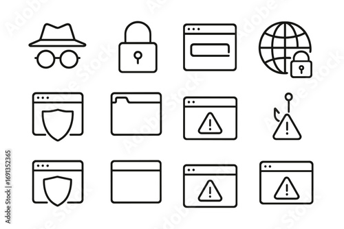 Internet Browsing Icons. Outline icon set of safe internet browsing: incognito glasses, secure connection,