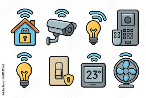 Smart home technology vector icon set. Icons for home automation system, internet of things. Security camera, smart light, climate control, thermostat, fan, and lock symbols.
