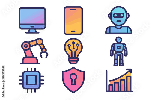 Colorful gradient technology icon set. Vector flat design illustrations of robotics, AI, data analysis, security, and automation. Modern icons for web, app, and business.