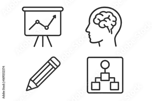 Minimalistic linear icon set of presentation with graph, brainstorming brain silhouette, pencil for creativity, and hierarchical diagram, editable stroke vector for design, apps, banners, and posts
