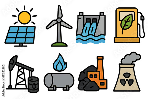 Energy icon set. Renewable and non-renewable sources. Solar panel, wind turbine, hydro dam, biofuel. Fossil fuel, oil, gas, coal, nuclear power plant. Vector cartoon icons.
