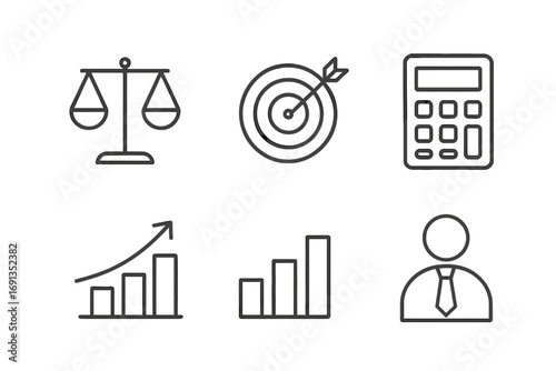 Simple linear icon set with scales, target, calculator, and bar graph for business, finance, analytics, and growth concepts, editable stroke minimalist vector design for apps and banners