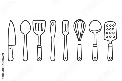 Kitchen utensils outline vector icon set. Cooking tools collection with knife, spoon, fork, spatula, ladle, whisk. Simple linear symbols for culinary design or a restaurant menu.