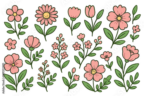Set of cute cartoon flowers. Hand-drawn pink floral elements. Botanical vector collection. Simple doodle style blossoms, leaves, stems for spring summer design isolated.