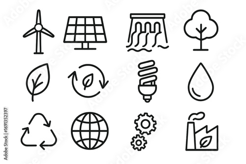 Renewable Resource Icons. Outline icon set of renewable resources: wind turbine, solar panel, hydro power,