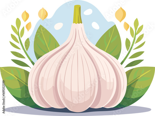 A stylized vector illustration of a whole garlic bulb with fresh green leaves. A concept for healthy food, cooking ingredients, and seasoning. Generative AI