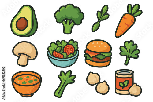 Vegan food icon set, plant-based meal collection. Healthy vegetarian diet concept. Vector cartoon graphic illustration with fresh vegetables, veggie burger, salad, soup.