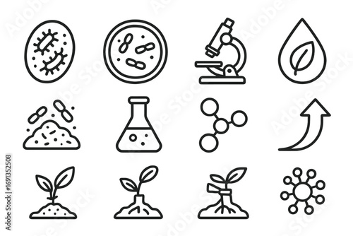 Microbial Fertilizer Icons. Outline icon set of microbial fertilizers: bacteria icon, petri dish, microscope,