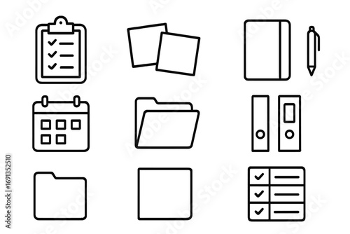 Organizing Icons Grid. Outline icon set of organizing errands: clipboard checklist, sticky notes, planner, pen