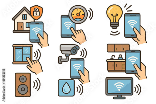 Smart home technology icon set. Internet of things concept. Home automation system with remote control via smartphone app. Security, climate, light and energy control icons.