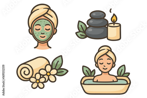 Spa icons set for relaxation, wellness, and self-care. Vector illustration of beauty treatment, face mask, hot stone massage, aromatherapy, and bathing for a calm aesthetic.