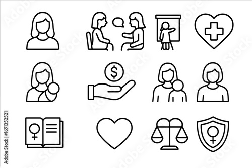 Women Empowerment Icons. Outline icon set of women support programs: woman icon, counseling, job training,