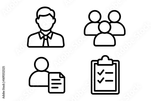 Staff company job icons outline collection. Business people team user profile document checklist simple linear editable stroke vector illustration for web apps cards
