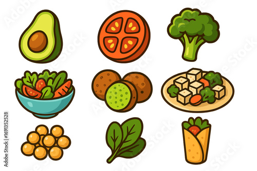 Vector cartoon food icons. Plant-based, vegan, vegetarian meal and ingredient set. Healthy eating graphic elements. Avocado, salad, tofu, falafel, wrap collection.